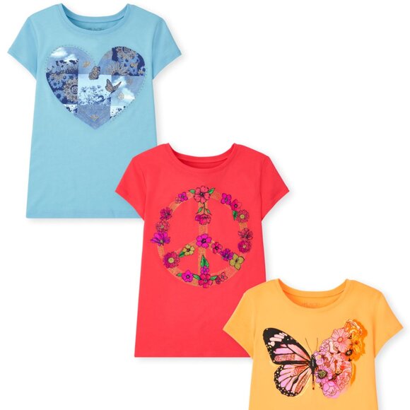 The Childrens Place Girls Butterfly Floral Graphic Tee 3-Pack - M(7/8) NWT - Picture 1 of 5